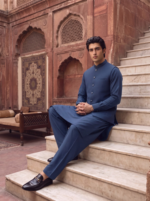 Navy Blue Kameez Shalwar with Waist Coat