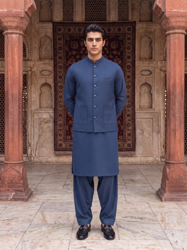 Navy Blue Kameez Shalwar with Waist Coat