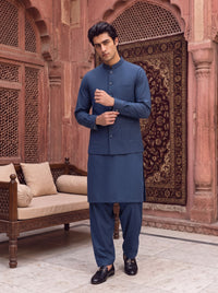 Navy Blue Kameez Shalwar with Waist Coat