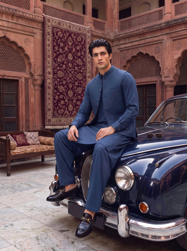 Navy Blue Kameez Shalwar with Waist Coat