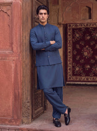 Navy Blue Kameez Shalwar with Waist Coat